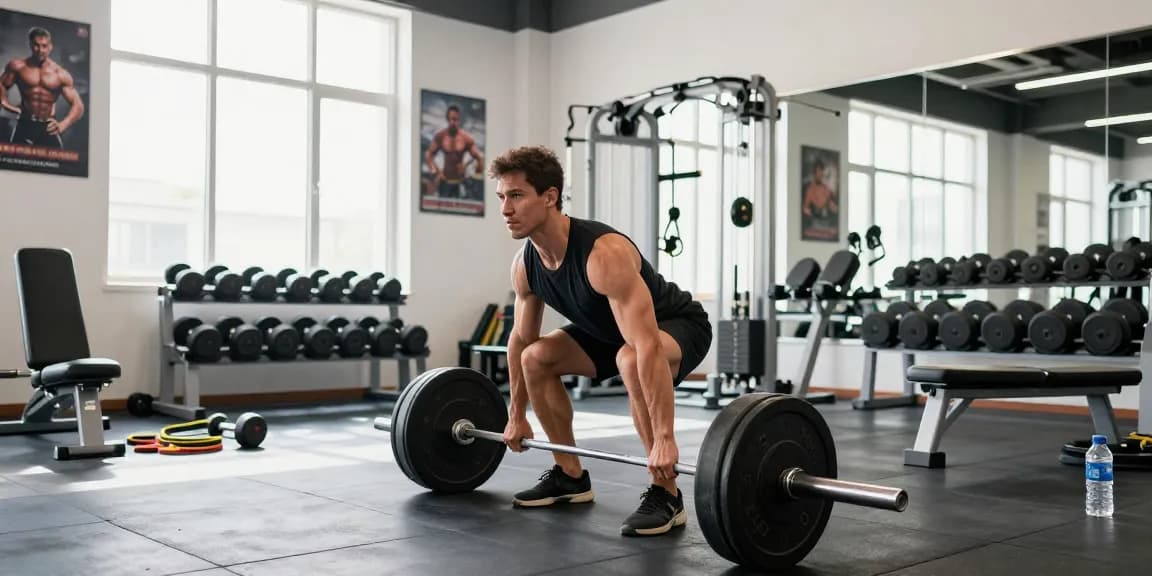 Prime Pharma Steroids en bodybuilding met een atleet die deadlifts uitvoert in een moderne sportschool.
