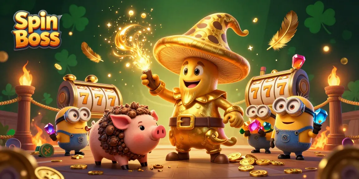 Spin Boss magic turns everything to gold in this rich casino scene with slot games, coins, and treasures.