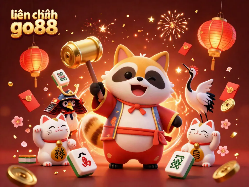 Experience the vibrant world of liên hệ go88 through a dynamic casino-themed illustration featuring a cheerful tanuki and maneki-neko.