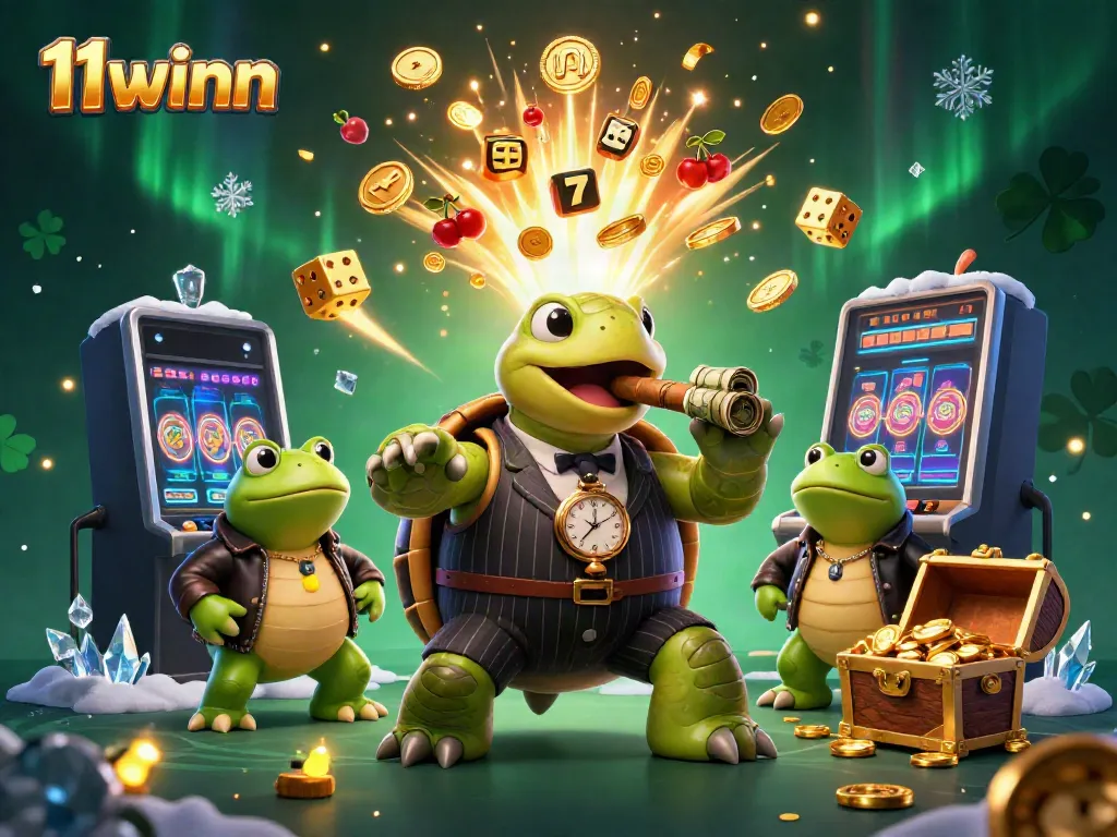 Engage with 11winn's vibrant casino scene featuring cartoon characters amidst a dynamic jackpot celebration.