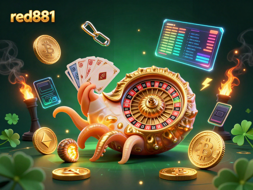 Engage in thrilling games at red881 with a vibrant 3D casino illustration featuring ancient creatures and crypto elements.
