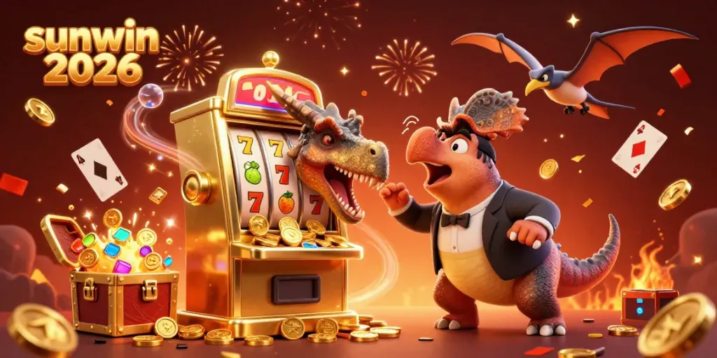 Experience the thrill of sunwin 2026 as a pachycephalosaurus celebrates a jackpot at a casino.
