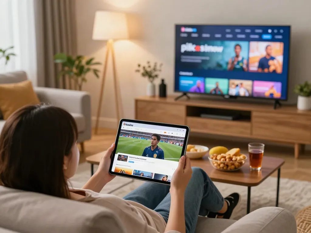 Stream movies and sports on iOS with Pikashow at https://pikashowpro.app/pikashow-for-ios8/ in a cozy living room setting.