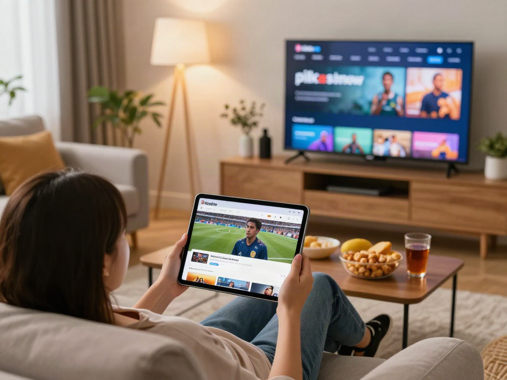 Stream movies and sports on iOS with Pikashow at https://pikashowpro.app/pikashow-for-ios8/ in a cozy living room setting.