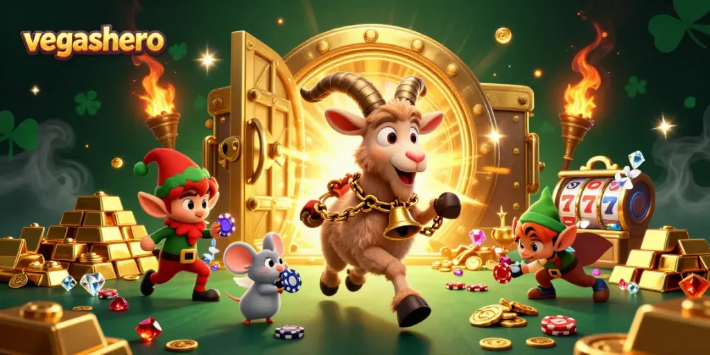 Experience the vibrant casino world with vegashero, featuring 3D characters stealing chips and treasures.