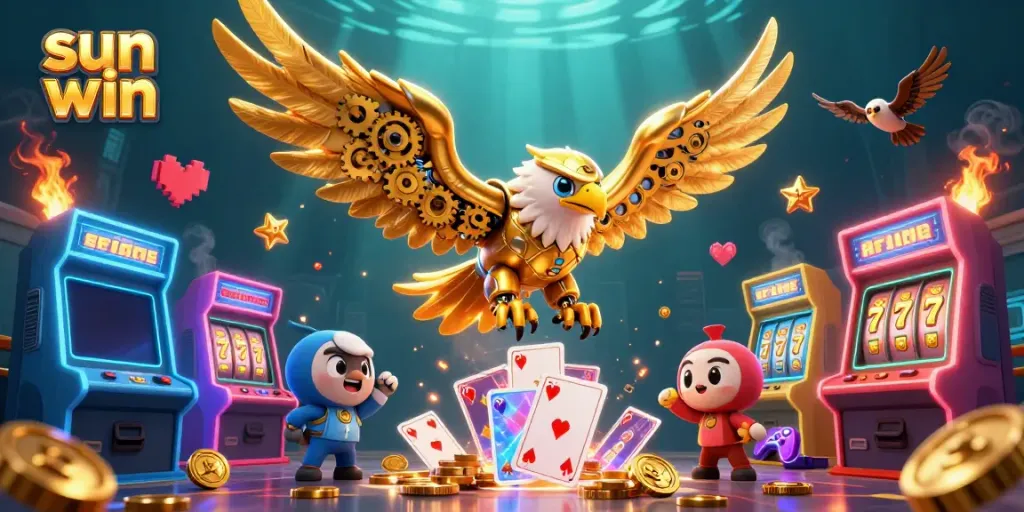 Experience the thrill of sun win with a vibrant 3D cartoon scene featuring a golden eagle flying through holographic playing cards, casino elements, and slot machines.