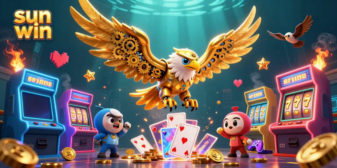 Experience the thrill of sun win with a vibrant 3D cartoon scene featuring a golden eagle flying through holographic playing cards, casino elements, and slot machines.