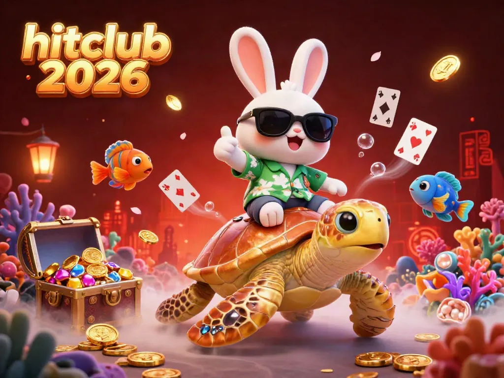 Engaging scene of hitclub 2026 featuring a lucky rabbit and golden turtle amid shining treasures and vibrant coral.