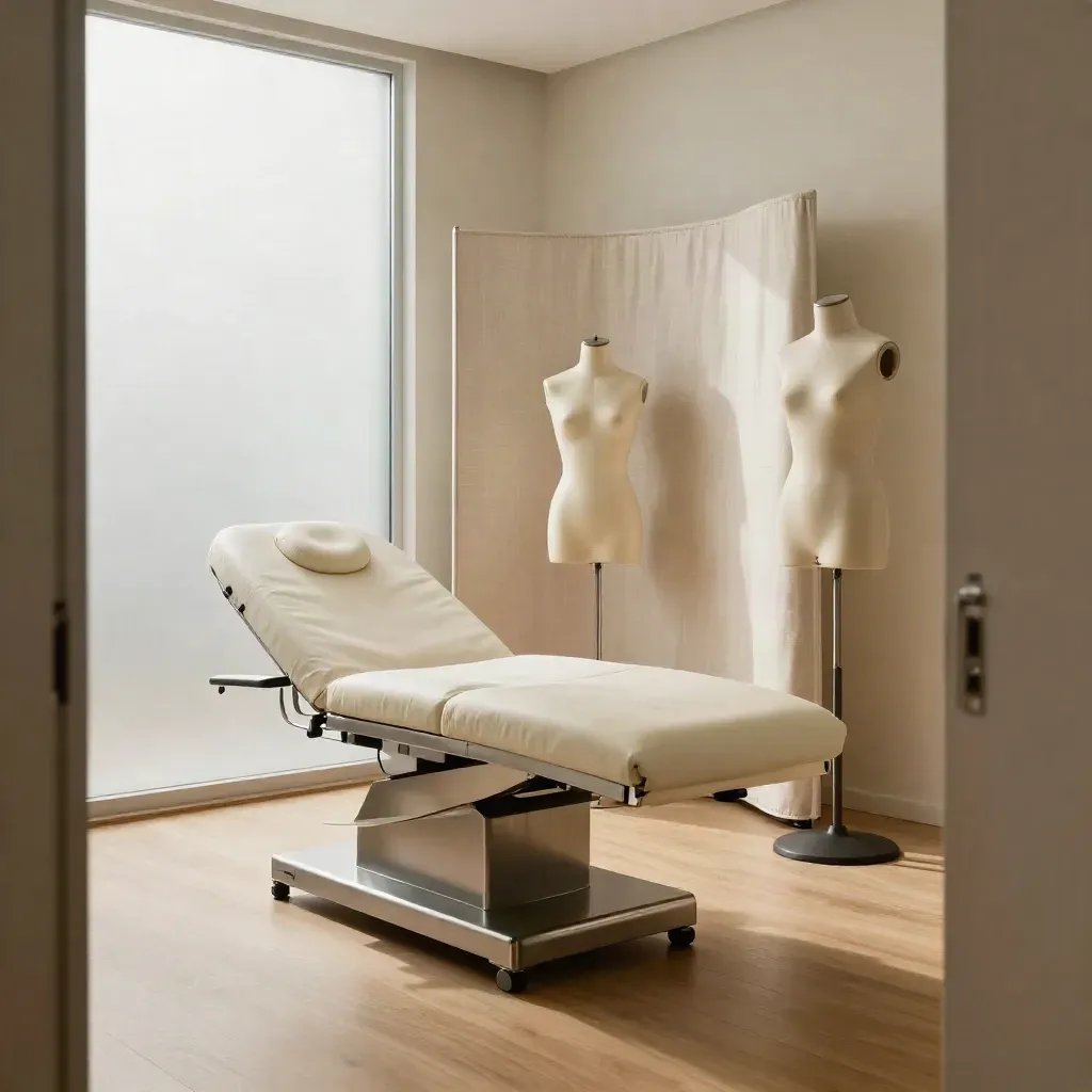 Praktische consultkamer met onderzoekstafel, torso model en linnen privacy scherm in zacht daglicht.