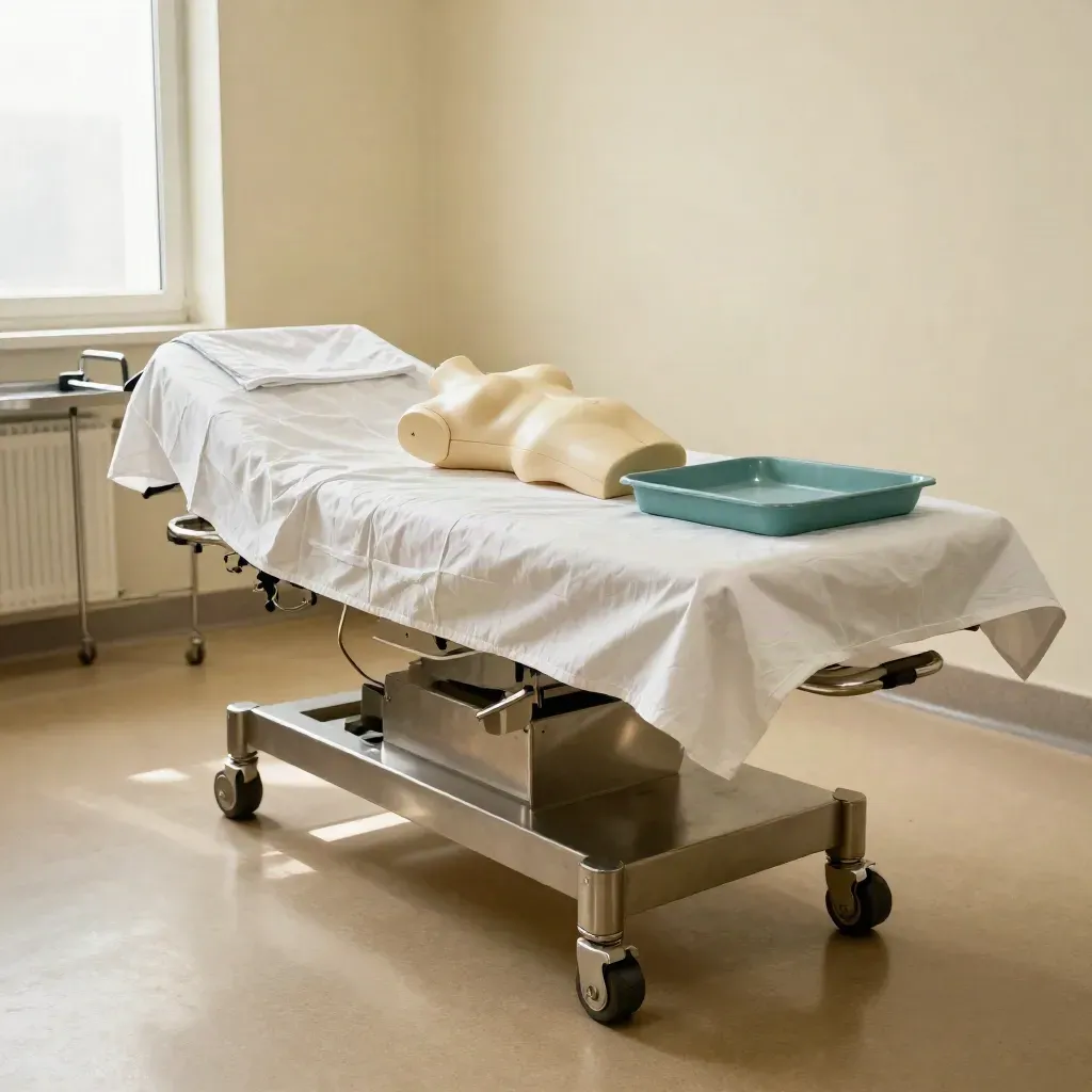 Prepkamer met operatietafel, stalen kar en torso-mannequin voor buikwandcorrectie.