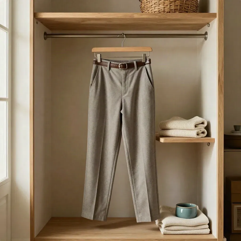 Wardrobe-nis met strak hangende pantalon, smalle riem en opgevouwen trui in warm licht.