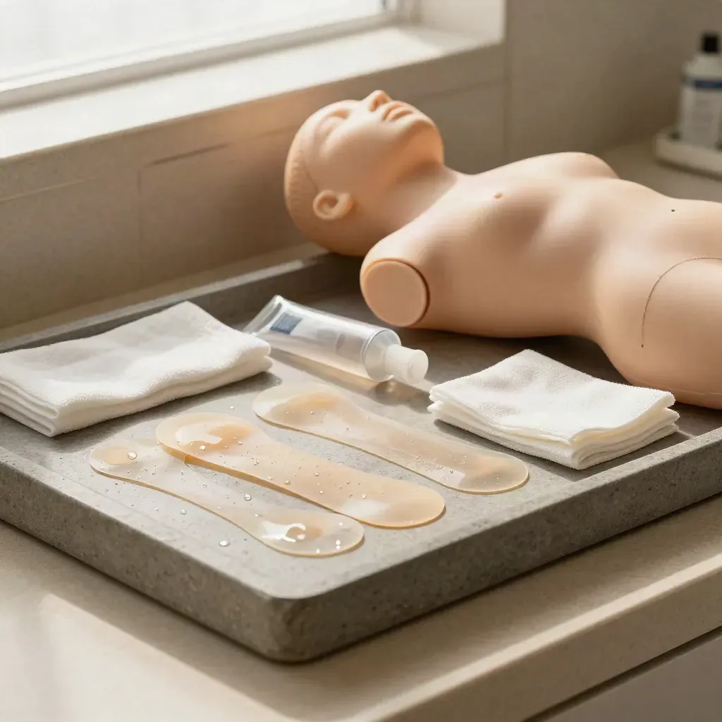 Littekenzorg op een steen­tray met siliconen sheets, gel en een torso-model in zacht klinieklicht.