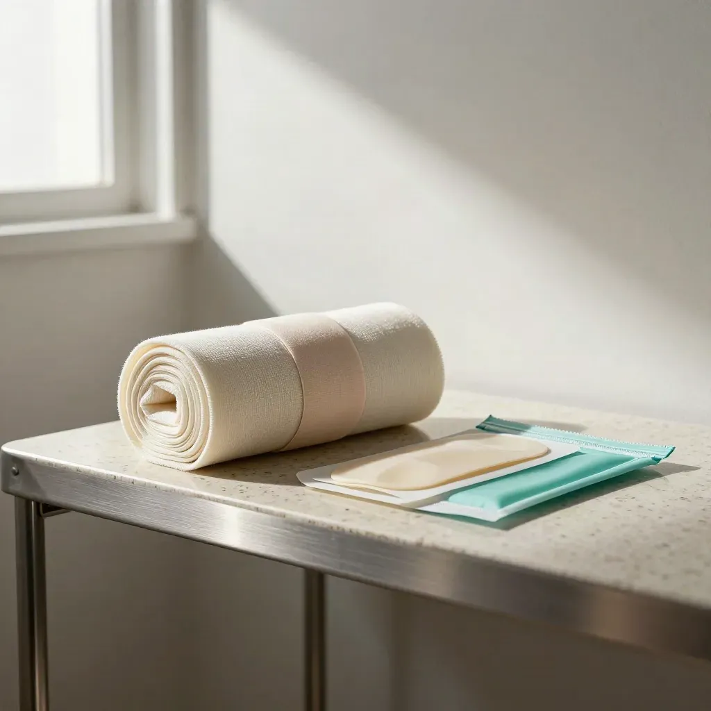 Aftershelf met compressiewrap, steunkussen en littekenzorgset in klinisch licht.