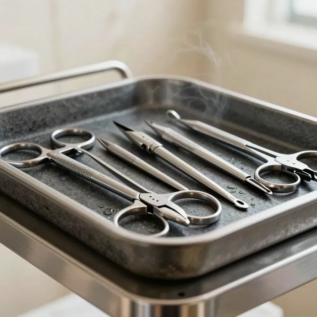 Titanium retractors en fijne forceps op een donkere stenen tray met koel klinisch licht.