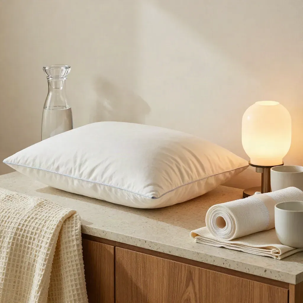 Wit wedgekussen, glazen karaf en bedside lamp in een serene herstelsetting.