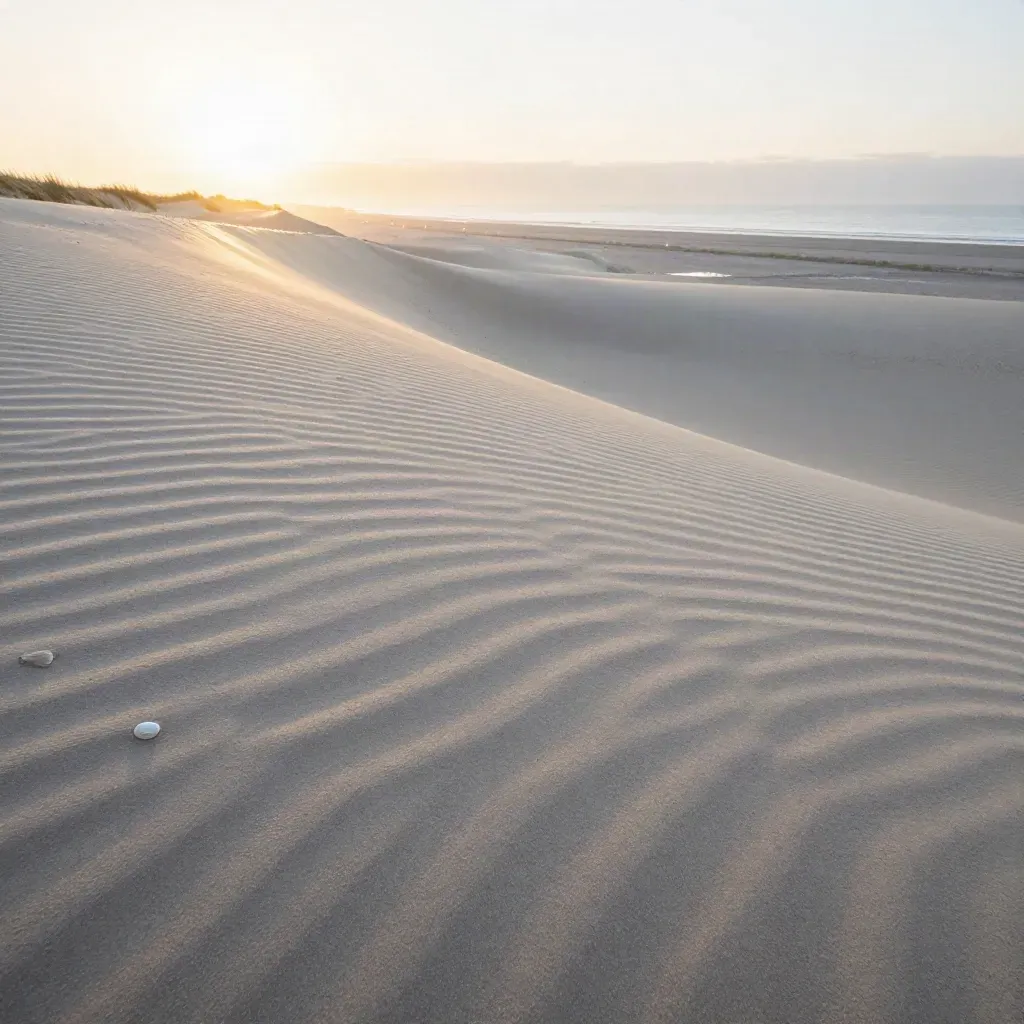 Duinlandschap in Noord-Holland bij gouden uur met zee, mist en zachte zandvlakte.