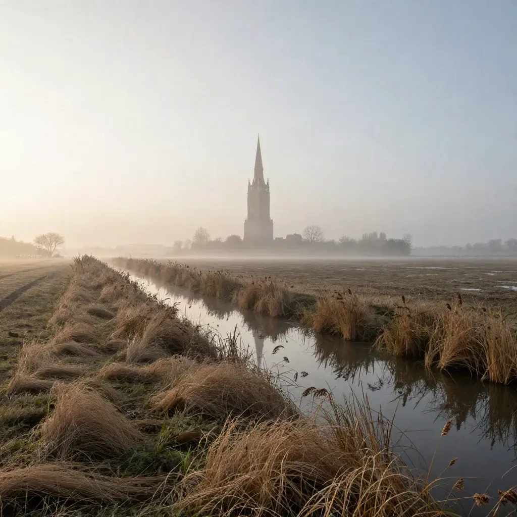 Mistige Utrechtse uiterwaarden met de Domtoren ver weg en stille sloot bij dageraad.