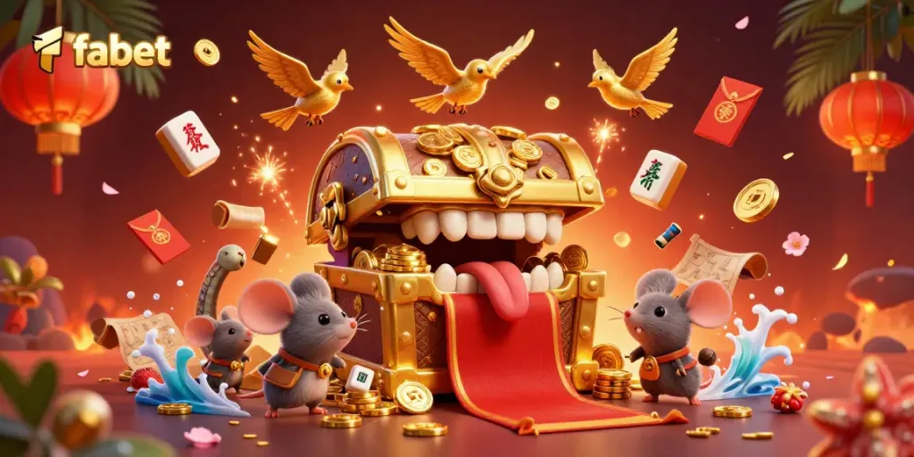 Engage in lavish riches at fabet with a treasure chest, golden coins, and festive gambling elements.