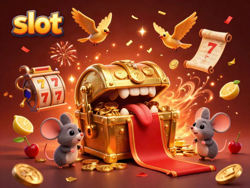 Spin the slot reels in this vibrant casino scene featuring a treasure chest and lucky symbols.