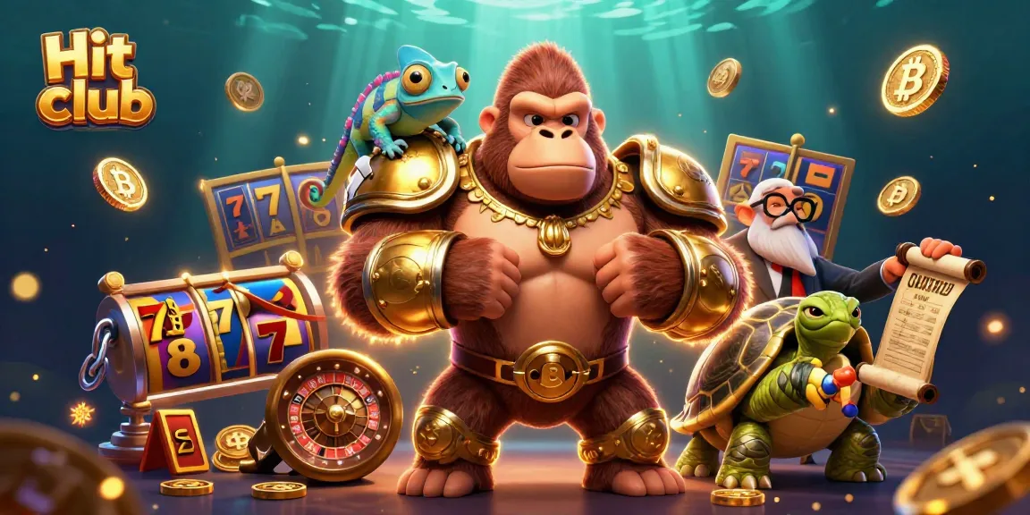 Experience excitement at Hit club with a 3D gorilla king surrounded by jackpot elements and crypto coins.