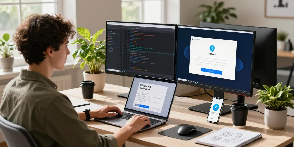 Download Telegram on a modern workspace setup with dual monitors and installation guides.
