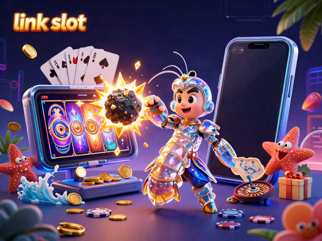Engage with link slot games featuring vibrant characters emerging from treasure-filled asteroids in a dynamic casino scene.