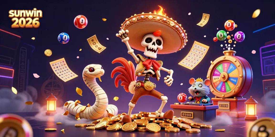 Experience the thrilling sunwin 2026 victory dance with a mariachi rooster, mummy snake, and DJ hamster amid golden coins.
