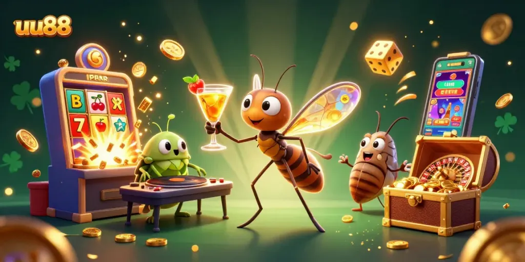 uu88 casino scene featuring a mosquito mascot, trilobite DJ, and golden roulette wheel bursting with jackpot coins.