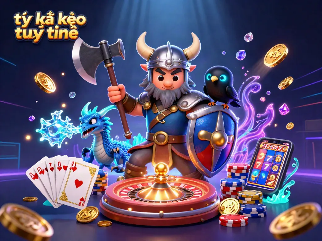 Experience dynamic tỷ lệ kèo trực tuyến action with Viking warrior, dragon, and vibrant casino elements.