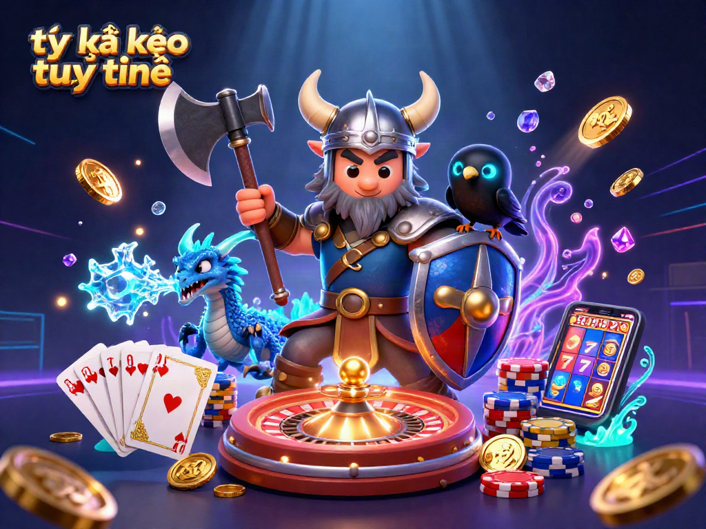 Experience dynamic tỷ lệ kèo trực tuyến action with Viking warrior, dragon, and vibrant casino elements.