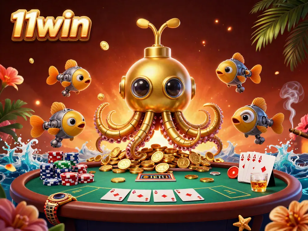 Experience thrilling gameplay with 11win while a kraken submarine emerges amidst coins and poker tables.