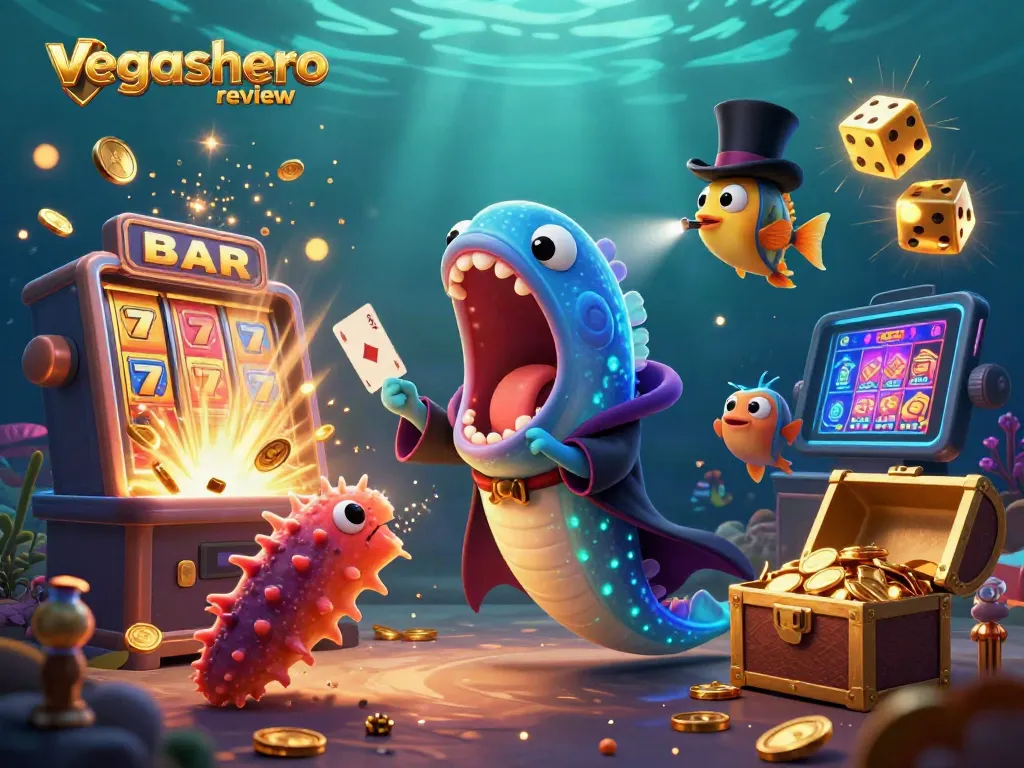 Experience a magical vegashero review with a unique underwater casino scene full of vibrant characters and elements.