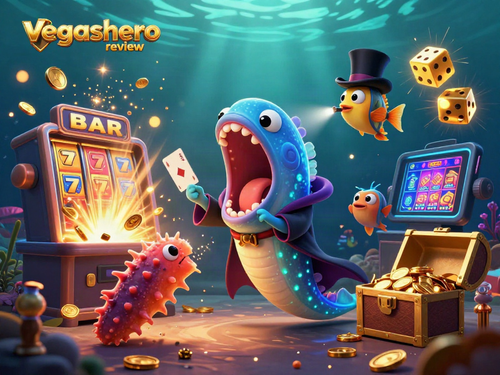 Experience a magical vegashero review with a unique underwater casino scene full of vibrant characters and elements.
