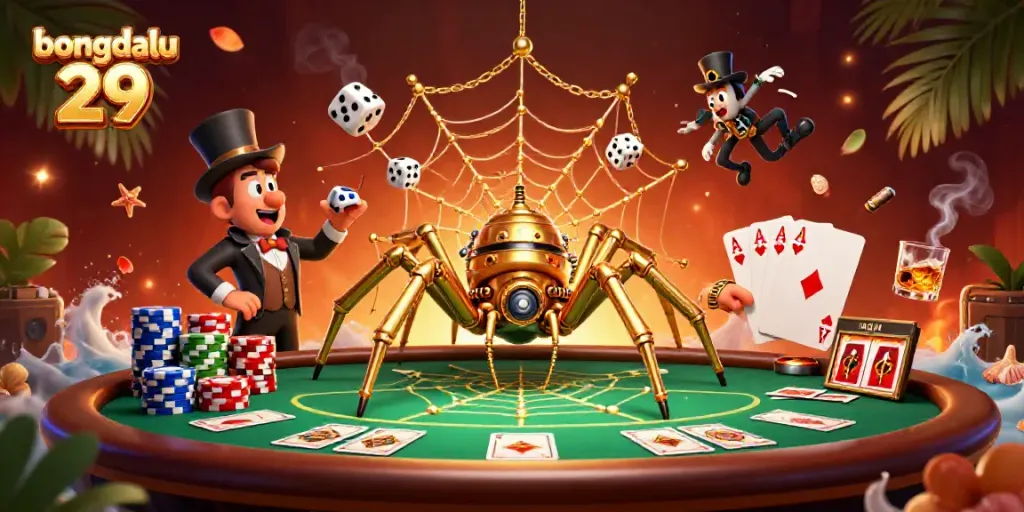 Bongdalu 29 showcases a steampunk spider creating an intricate web of poker chips in a vibrant casino setting.