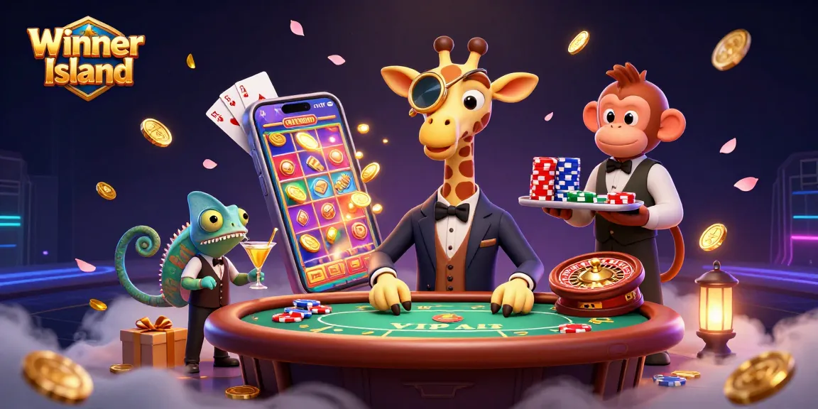 Experience the excitement at Winner Island with a high-roller giraffe, monkey valet, and vibrant casino elements.