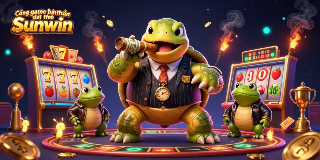 Engaging illustration of Cổng game bài đổi thưởng Sunwin, featuring a snapping turtle and bullfrogs in a dynamic casino scene.