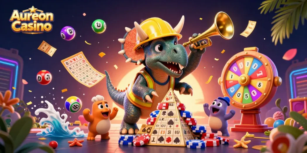 Aureon Casino celebrates with a fun scene of triceratops building poker chip pyramid, lottery elements, and lively atmosphere.