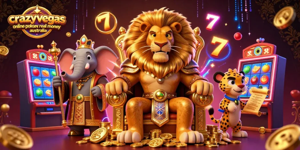 Experience the thrill of crazyvegas online pokies real money australia with vibrant slot reels and majestic characters.